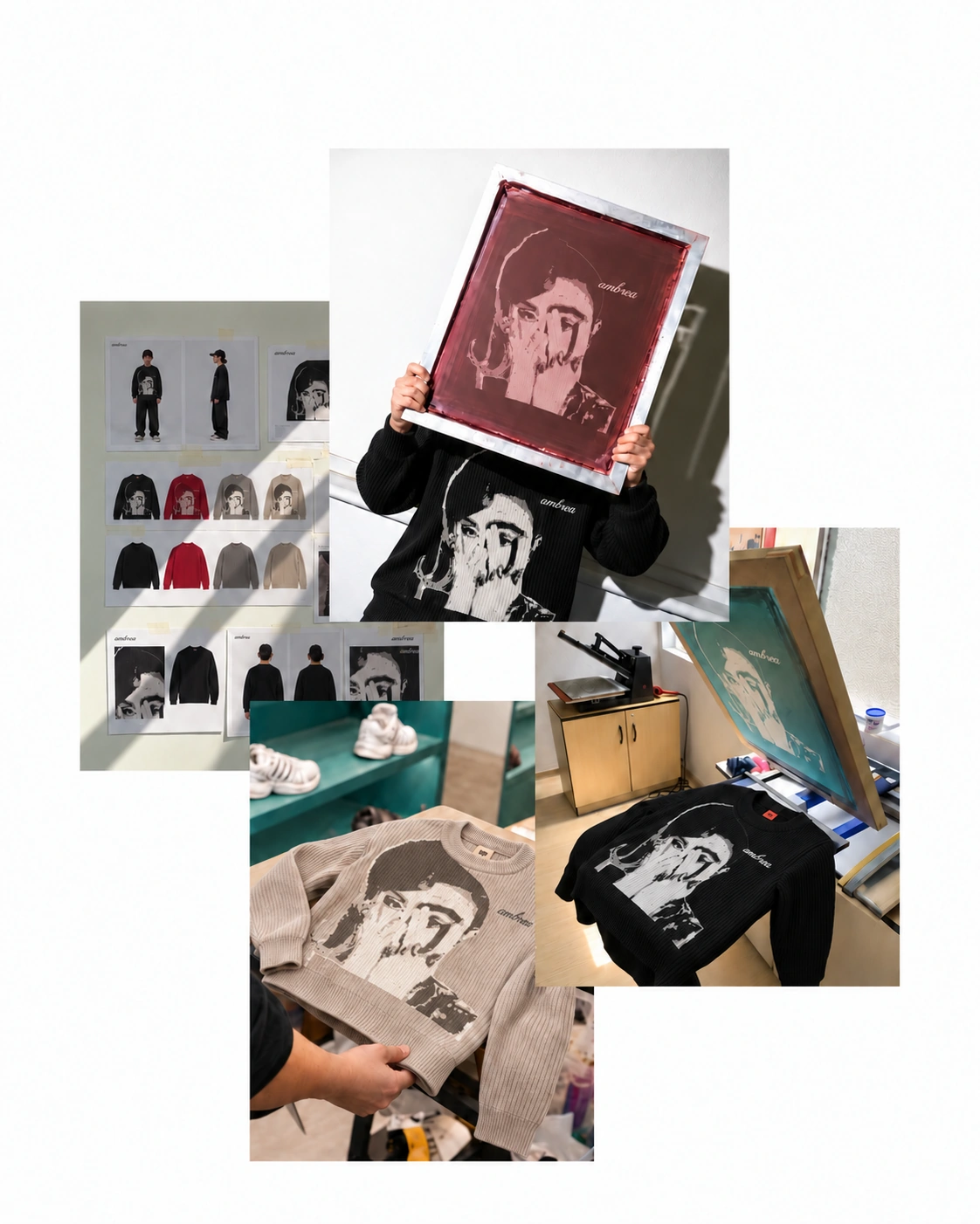 Kolase editorial ambrℯa: papan desain knit empat warna, bingkai grafis merah, detail knit krem, dan knit hitam di meja cetak.